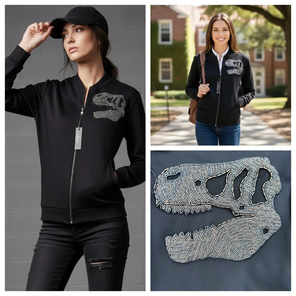 New Arieta Bomber Women Black Beaded Dinosaur Skull Athleisure Sz M Grunge NWT - Picture 1 of 17